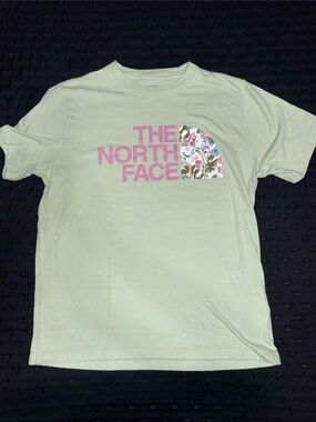 The North Face Mint Green Short Sleeve Tee with Pink Logo and Floral Accent